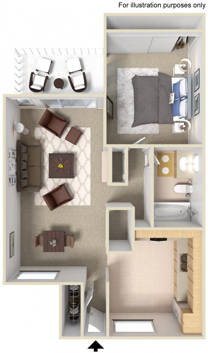 Floor plan for 1 bed, 1 bath, 739 sqft
